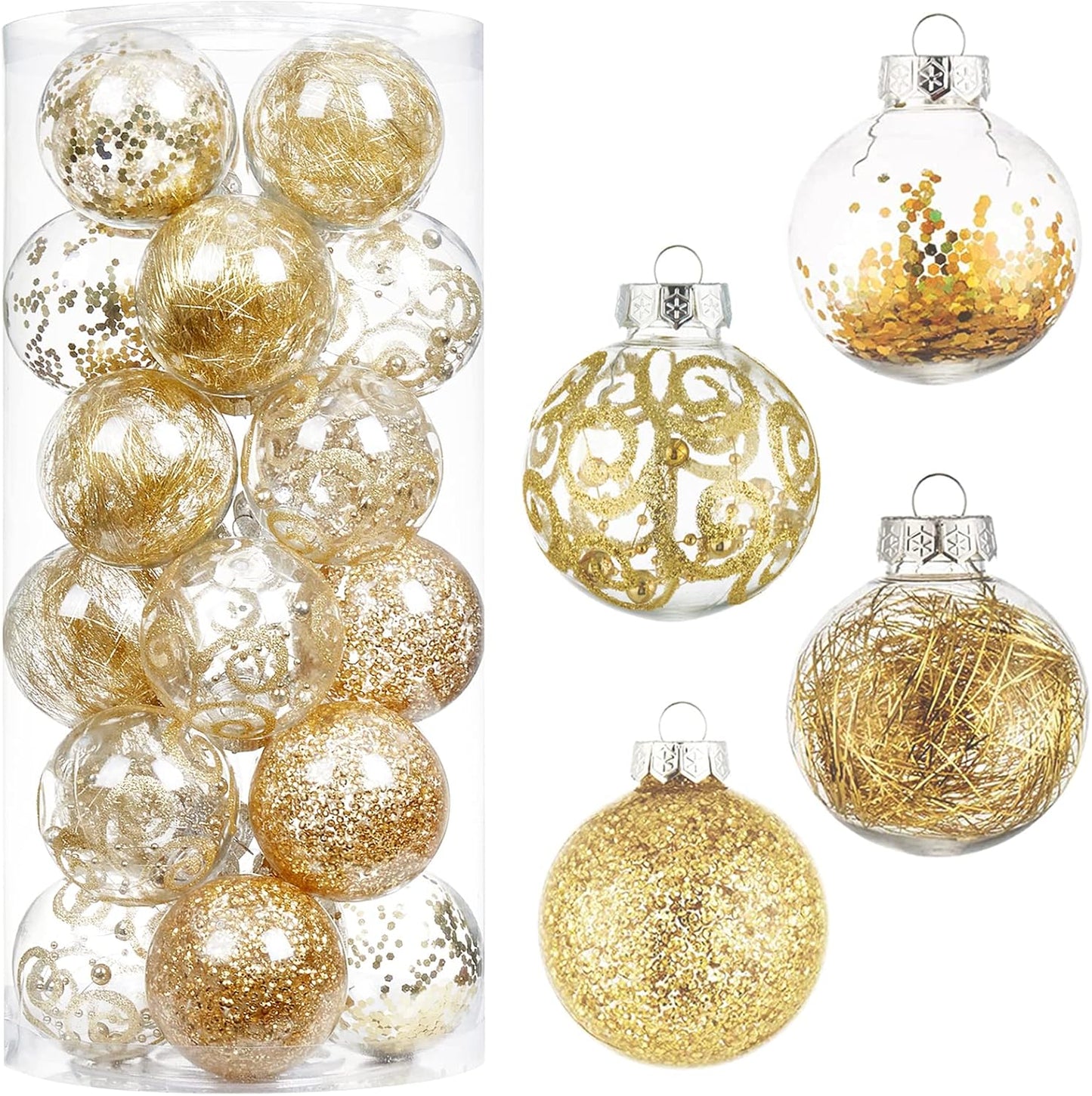 Christmas Ball Ornaments Shatterproof Clear Large Plastic Hanging Ball Decorative Baubles Set with Stuffed Delicate Decorations (70Mm/2.76", Gold)