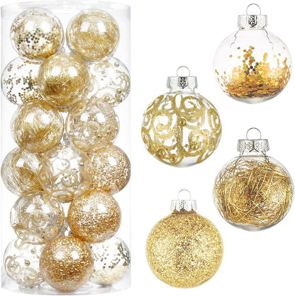 Christmas Ball Ornaments Shatterproof Clear Large Plastic Hanging Ball Decorative Baubles Set with Stuffed Delicate Decorations (70Mm/2.76", Gold)