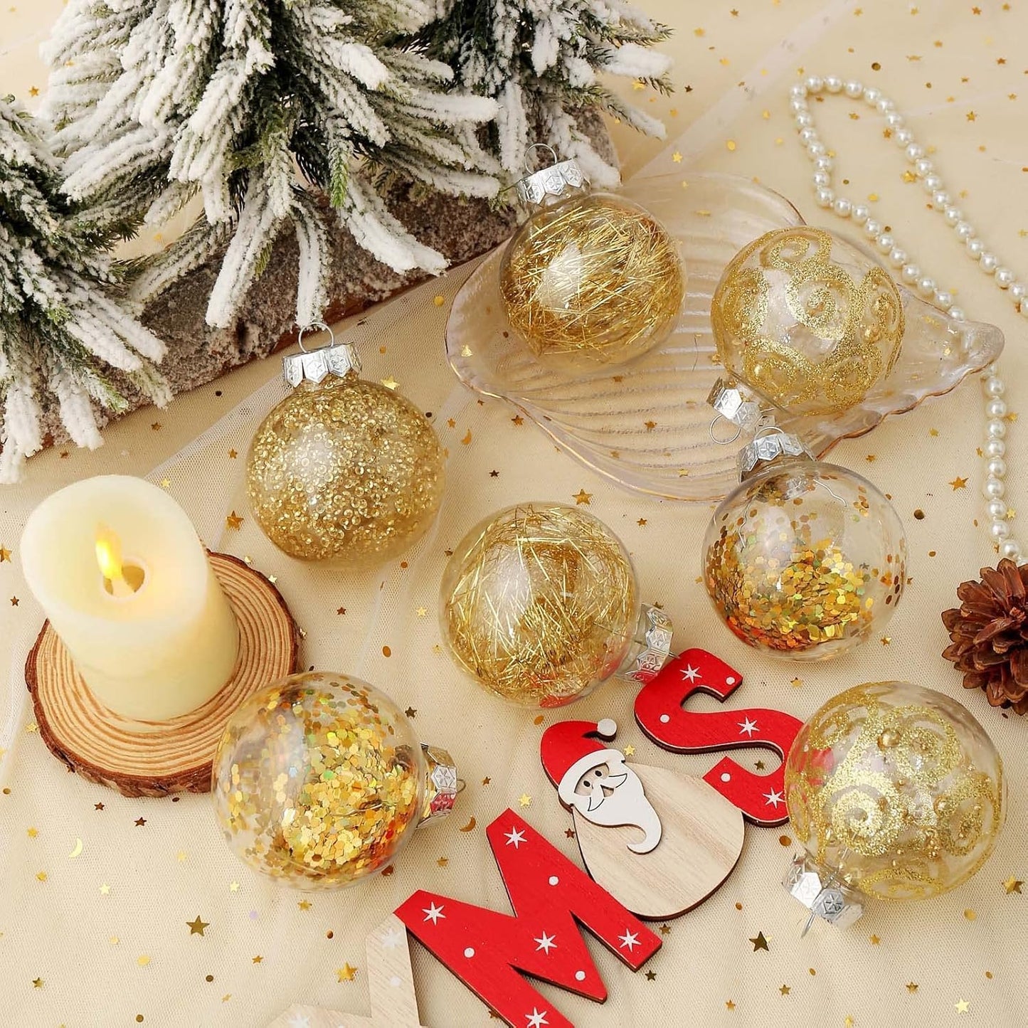Christmas Ball Ornaments Shatterproof Clear Large Plastic Hanging Ball Decorative Baubles Set with Stuffed Delicate Decorations (70Mm/2.76", Gold)