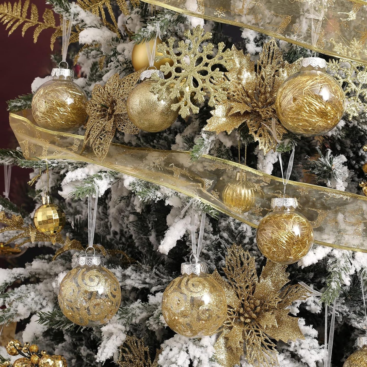Christmas Ball Ornaments Shatterproof Clear Large Plastic Hanging Ball Decorative Baubles Set with Stuffed Delicate Decorations (70Mm/2.76", Gold)
