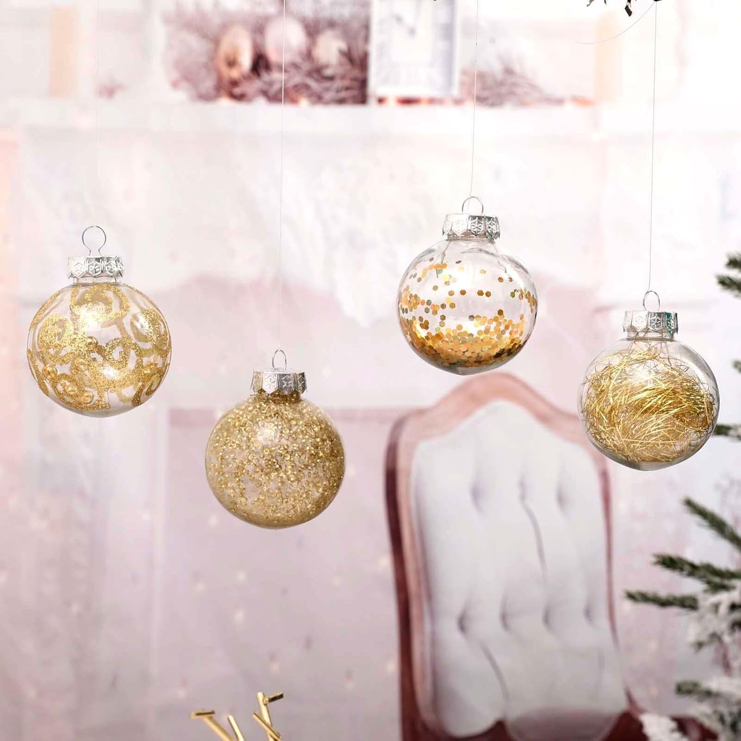Christmas Ball Ornaments Shatterproof Clear Large Plastic Hanging Ball Decorative Baubles Set with Stuffed Delicate Decorations (70Mm/2.76", Gold)