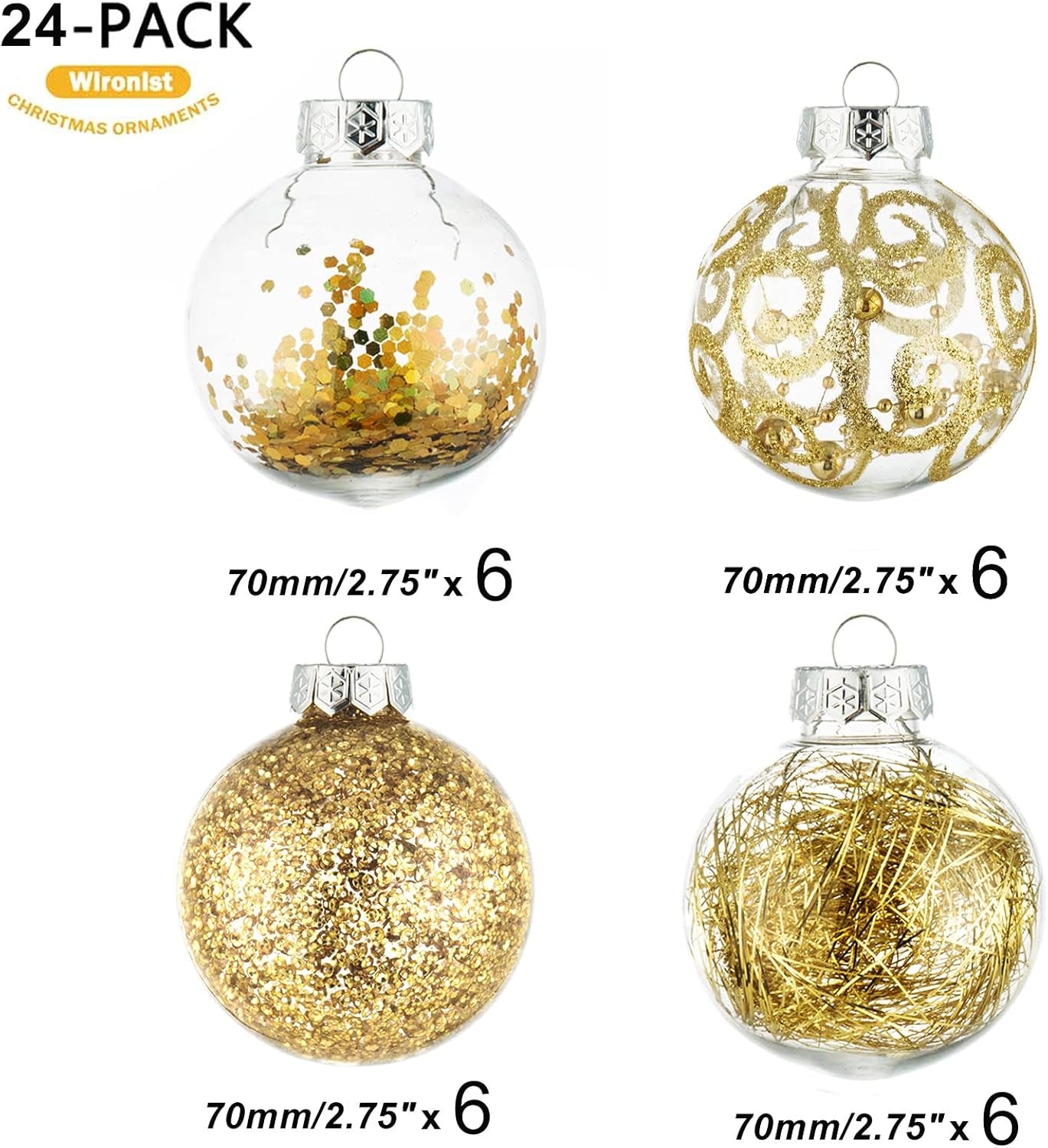 Christmas Ball Ornaments Shatterproof Clear Large Plastic Hanging Ball Decorative Baubles Set with Stuffed Delicate Decorations (70Mm/2.76", Gold)